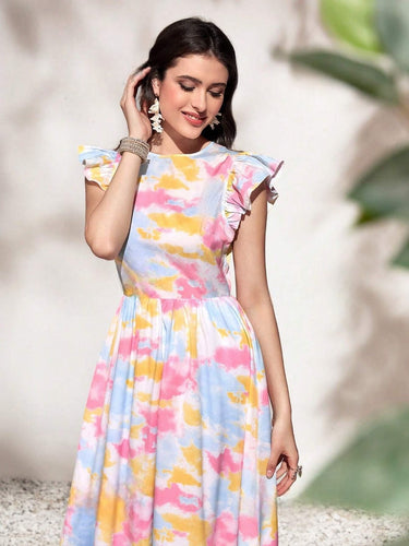 My Western Round Neck Tie Ruffle Hem A Line Dress Short Sleeve Long Dress My Western